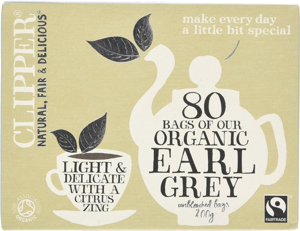 Clipper Organic Earl Grey Tea. Box of 80 unbleached tea bags. 200g. Fairtrade. Soil Association seal - Organic. Natural, Fair & Delicious.
