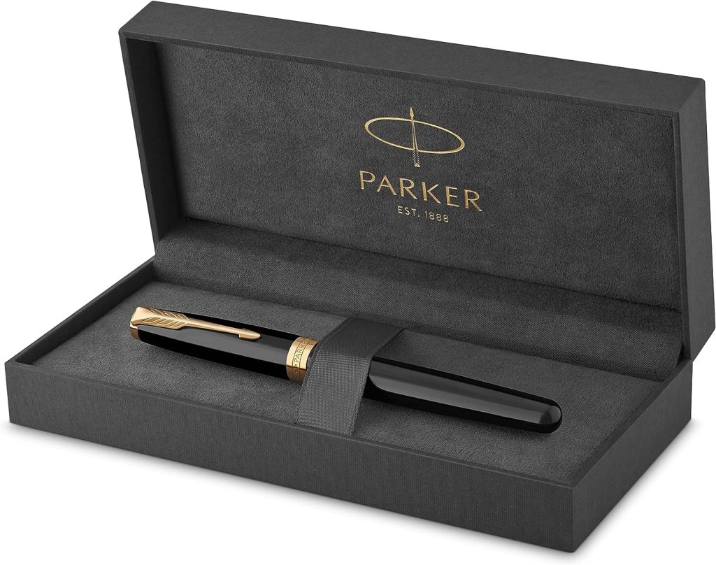 Parker Sonnet Fountain Pen | Black Lacquer with Gold Trim | Medium Nib | Gift Box in charcoal grey.