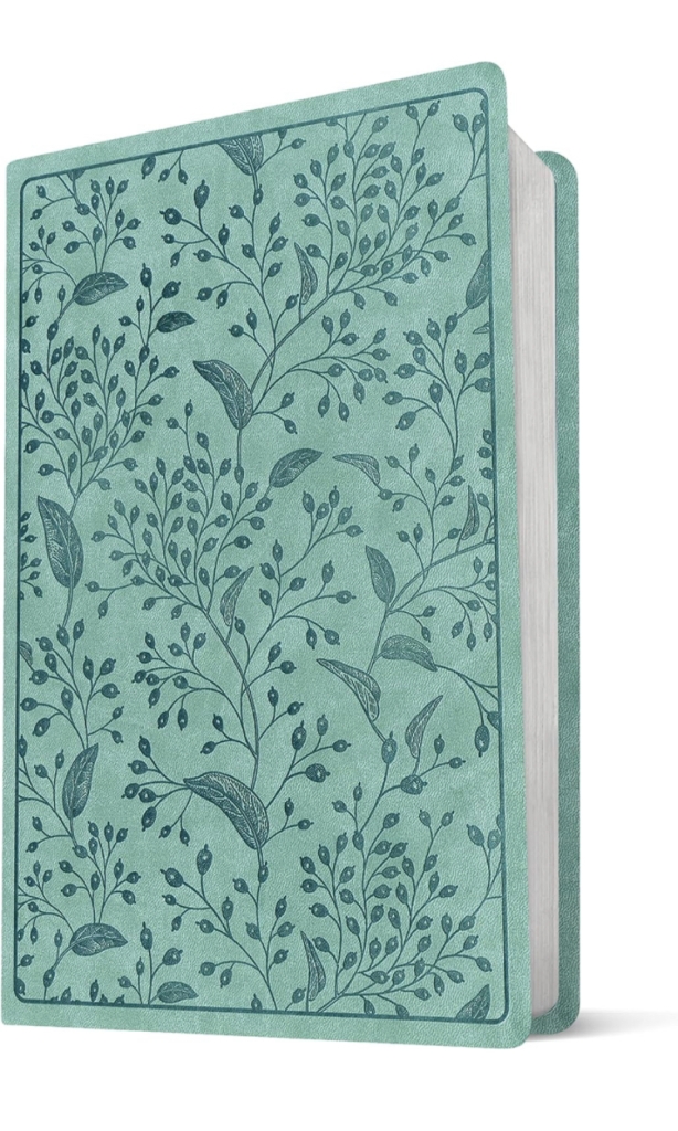 Teal coloured book with a berry pattern on it. The Message version of the Bible, by Eugene Petersen. Large print. Cover of book.